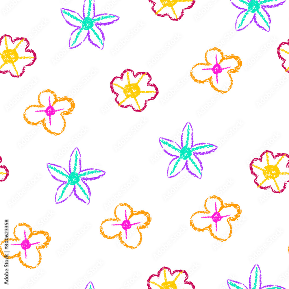 Seamless pattern of flowers with crayon texture