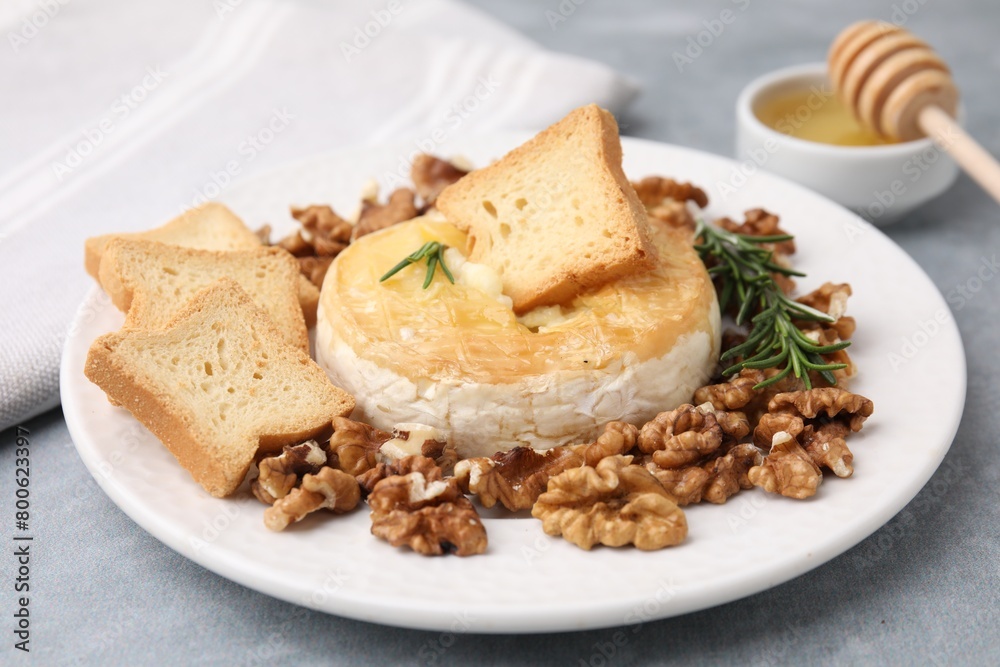 Tasty baked camembert, croutons, walnuts and rosemary on gray table, closeup