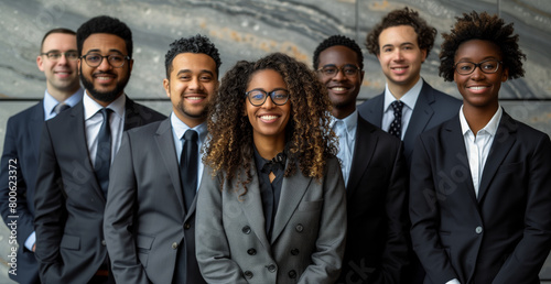 A diverse group of business people  representing different ethnicities  stand together in suits  smiling confidently at the camera  embodying unity and inclusivity in the corporate world