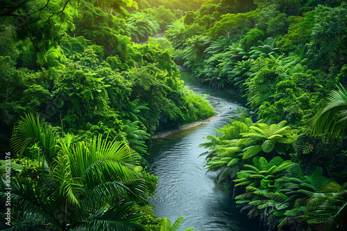 A winding river flowing through a dense forest, surrounded by lush green vegetation.