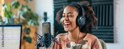 Cheerful young woman with headphones and microphone recording a podcast at studio.