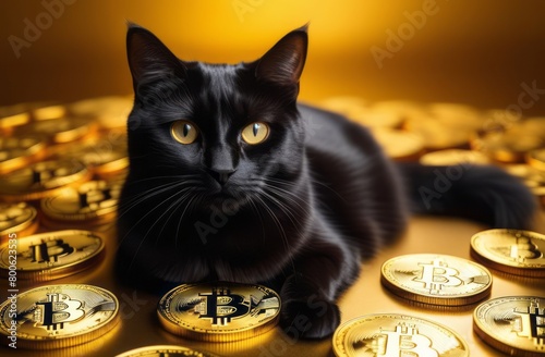 a black cat sits and laying among some gold cryptocoins Bitcoins. The cat is mining bitcoins. Yellow gold background. Blockchain technology, bitcoin mining concept. photo