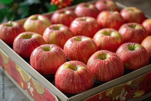 A box filled with organic, ripe apples, displayed on a table.
