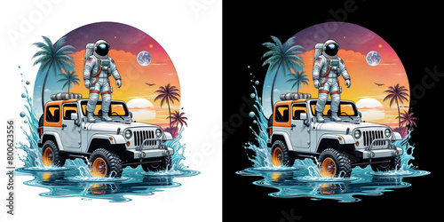 Dtf design of a four-wheel drive vehicle and astronaut on vehicle with background of palm trees photo