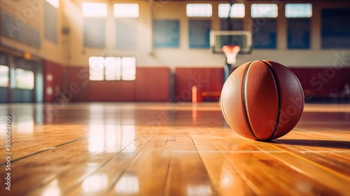 Close-up of a basketball on the wooden floor of the basketball court in the stadium.