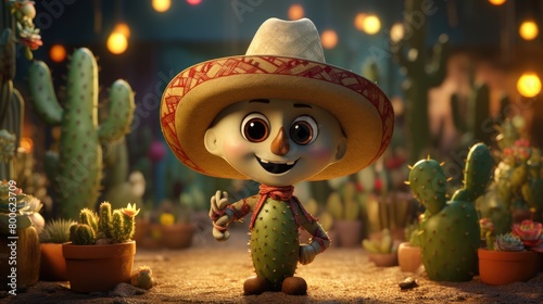 A illustration Cactus character wearing sombrero, detailed, magic light, colorful background,intricate details, rich colors, realistic style, front look