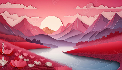 Colorful sunset dreamscape in red and blue tones with river and mountains, all made of paper cutouts.