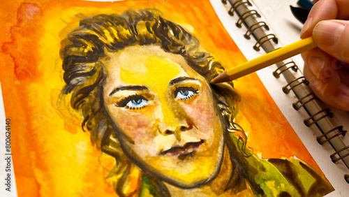 Close-up drawing wattercolor and color pencil portrait of young pretty woman. Macro hand drawn sketch of caucasian girl with orange and yellow aquarelle. Film grain texture. Soft focus. Blur