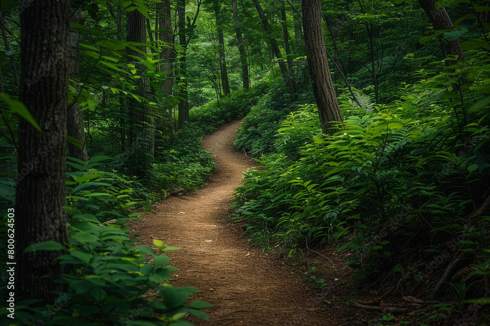 Obraz premium A winding path through a dense forest, surrounded by green foliage.