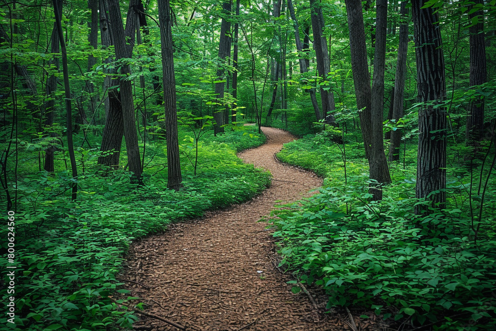 Obraz premium A winding path through a dense forest, surrounded by green foliage.