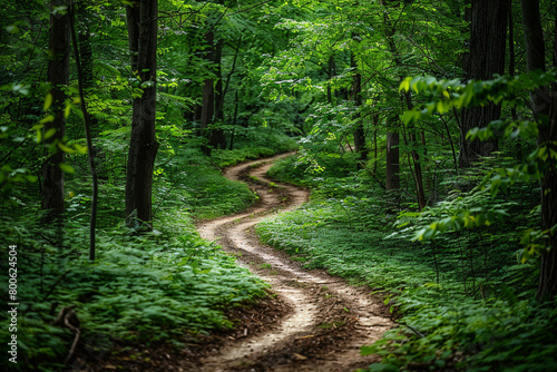 A winding path through a dense forest, surrounded by green foliage.