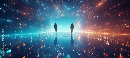 Two individuals are seen standing amidst an illuminated tunnel comprised of countless small blue dots, with a digital grid backdrop and luminous light effects. photo