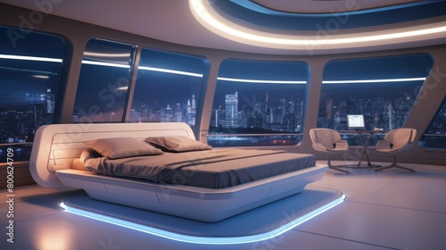 A image futuristic bedroom with integrated smart home controls, adjustable lighting, and AI-powered sleep optimization