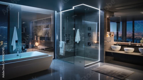 A picture cutting-edge bathroom with smart mirrors and programmable water temperature
