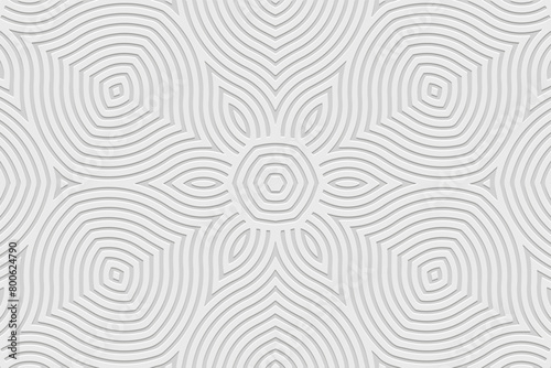 Embossed white background, ethnic cover design. Geometric linear floral 3D pattern. Tribal handmade style, ornaments. Luxurious boho exoticism of the East, Asia, India, Mexico, Aztec, Peru.