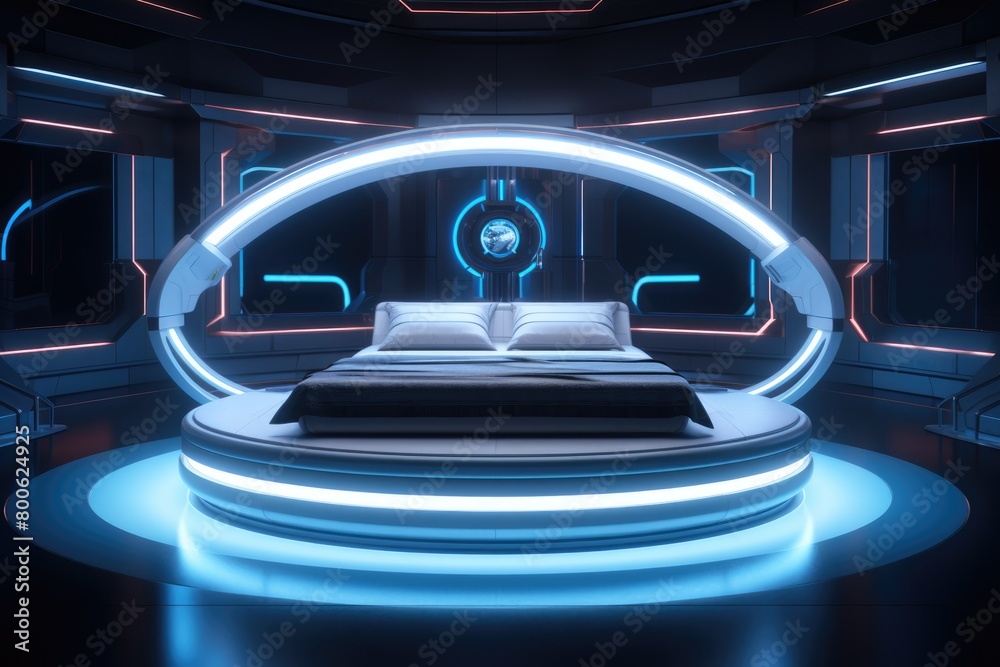A illustration futuristic bedroom with a levitating bed and customizable ambient lighting A illustration futuristic bedroom with a levitating bed and customizable ambient lighting
