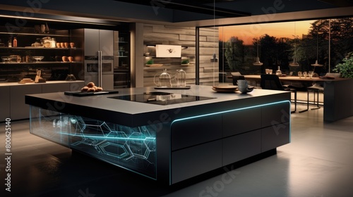 A illustrations high-tech kitchen with state-of-the-art appliances and interactive cooking surfaces photo