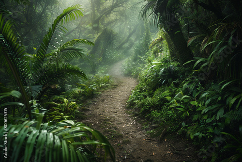 A winding forest trail disappearing into the depths of the lush greenery.