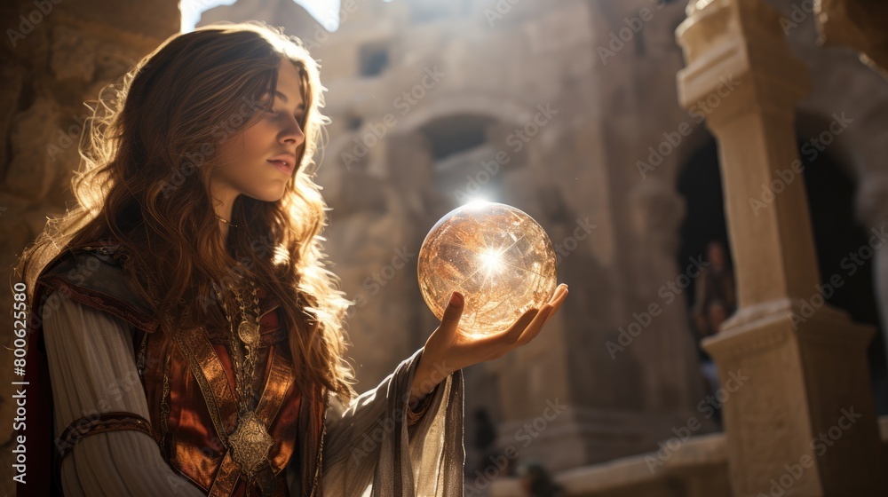 a seer standing in front of an ancient temple ruins, holding a staff with a crystal orb