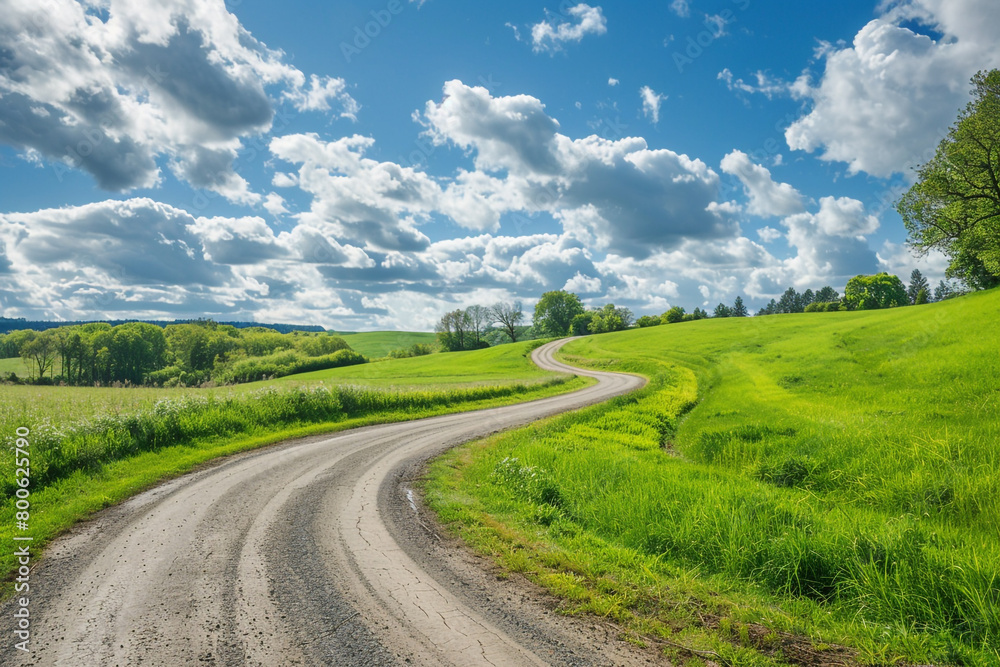 A winding country road bordered by lush green fields under a sunny sky. A winding country road bordered by lush green fields under a sunny sky.