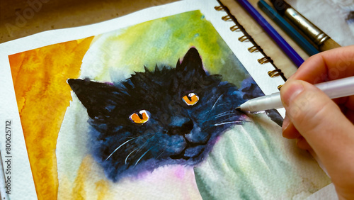 Top view of hand drawn watercolor illustration of black cat. Aquarelle sketching. Art therapy. Drawing pets. Animal painting. Film grain texture. Soft focus. Blur