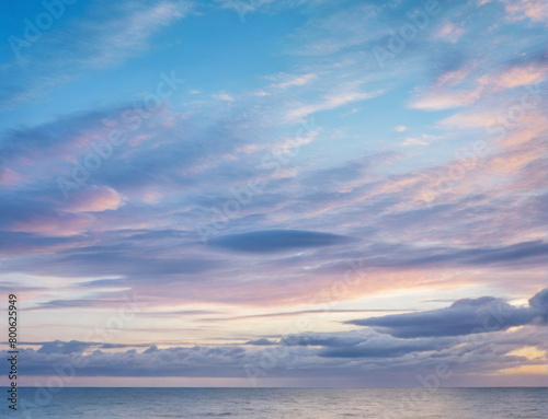 Dramatic sunset evening sky. Fluffy clouds, summer skies, cloudy background. Aerial nature sunrise over the tranquill sea