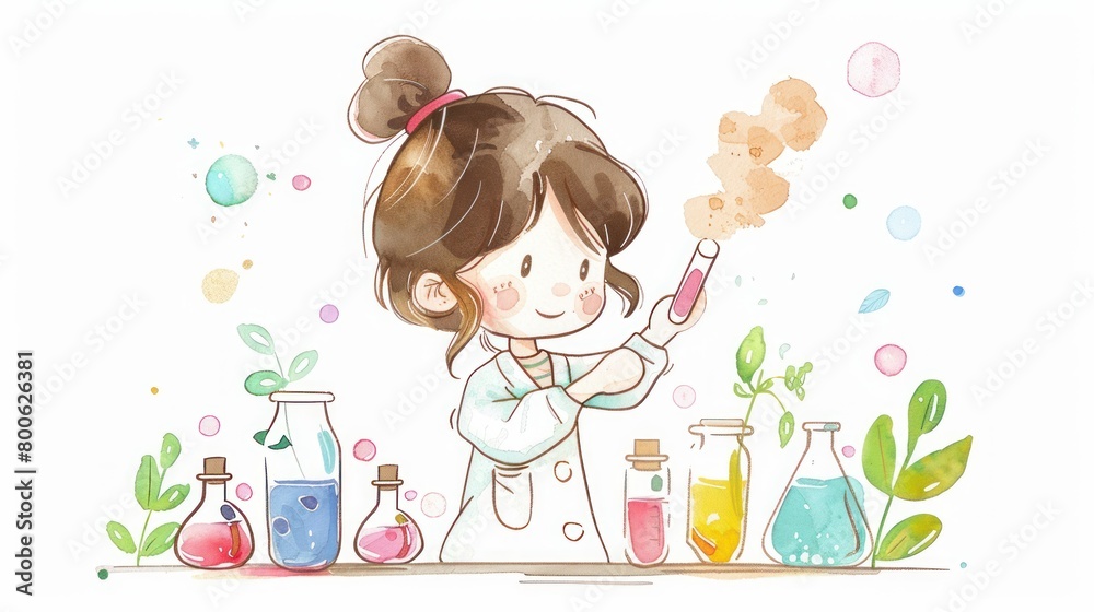 A cartoon schoolgirl in a chemistry classroom conducts experiments surrounded by flasks and test tubes. Watercolor children's drawing on a white background. A cartoon schoolgirl in a chemistry classroom conducts experiments surrounded by flasks and test tubes. Watercolor children's drawing on a white background.