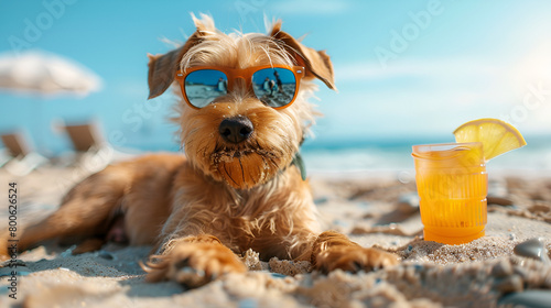 Irish Terrier Dog Relaxing on Warm Sands, Enjoying Summertime with Sunglasses on a Seaside Vacation