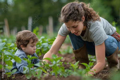 Mother and Child Planting Together in Garden