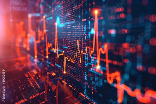 Zoomed in heartbeat line seamlessly merging with digital code representing smart heart health solutions 