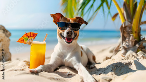 Jack Russell Terrier Dog on Summer Vacation, Laying on the Beach at Sunset with Sunglasses, Embracing the Summertime Ease © Dawid