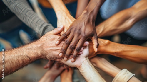 A close-up of a business team s diverse hands stacked on top of each other  symbolizing unity and support.