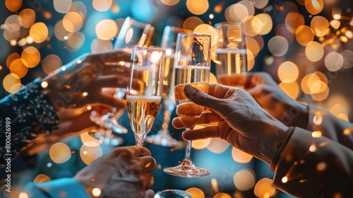 A close-up shot of a business team's hands clinking glasses in a celebratory toast, marking a successful milestone. photo