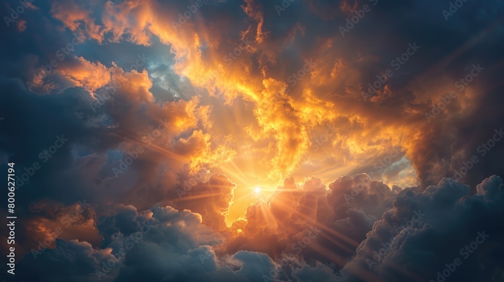 A radiant sunburst breaking through storm clouds, symbolizing hope and renewal in the face of challenges on Ascension Day. 8k, realistic, full ultra HD, high resolution, cinematic photography ar 16:9