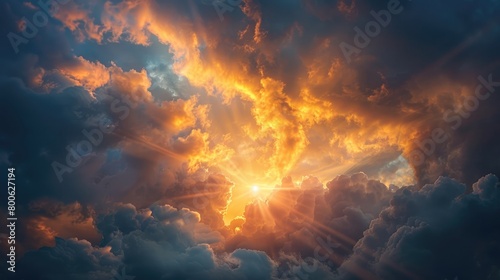 A radiant sunburst breaking through storm clouds, symbolizing hope and renewal in the face of challenges on Ascension Day. 8k, realistic, full ultra HD, high resolution, cinematic photography ar 16:9 © Khalif