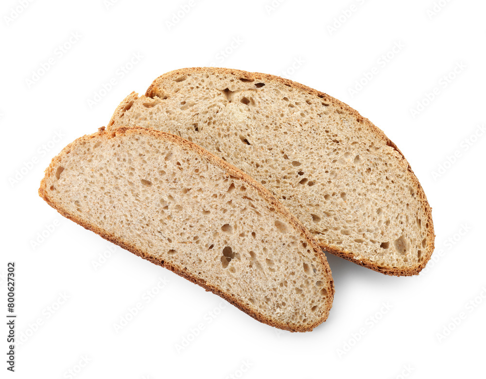 Slices of freshly baked sourdough bread isolated on white, top view Slices of freshly baked sourdough bread isolated on white, top view