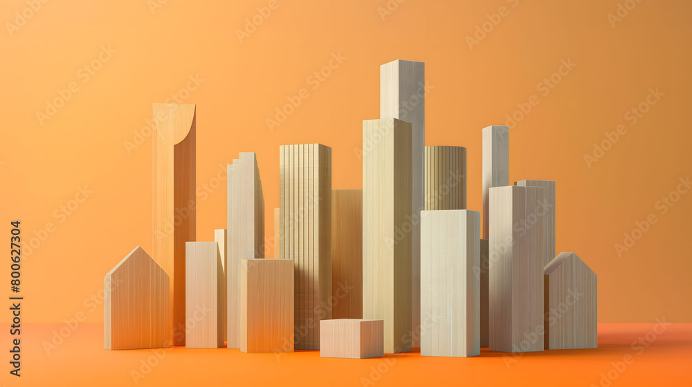 Abstract wooden shapes on orange background