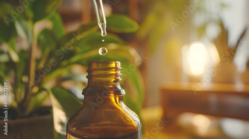 Dropping a drop of essential oil into a glass bottle at home