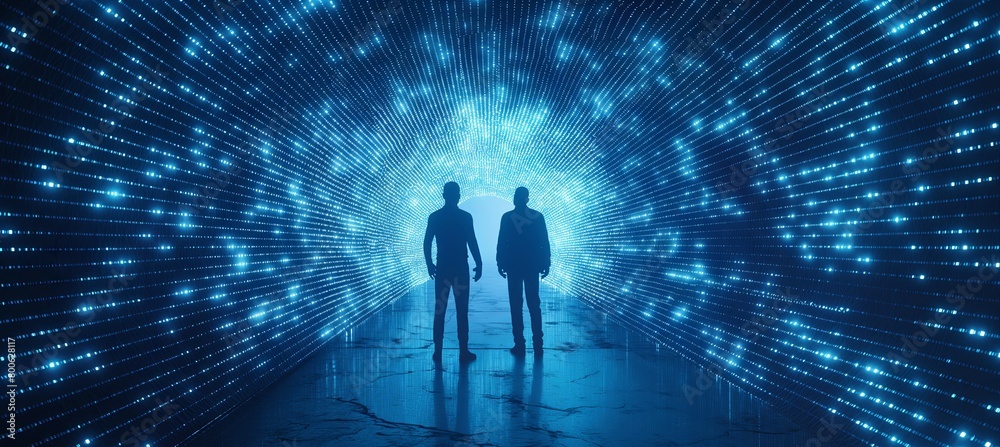 Two men are situated in the center of an illuminated tunnel, created by numerous tiny blue dots, with a digital grid background and glowing light effects.
Two men are situated in the center of an illuminated tunnel, created by numerous tiny blue dots, with a digital grid background and glowing light effects.