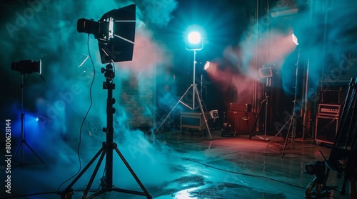 cinematography maker video photography set tools electric room dark smoke lights led blurred silhouette film production background using spotlight studio director lamp cinema motion picture