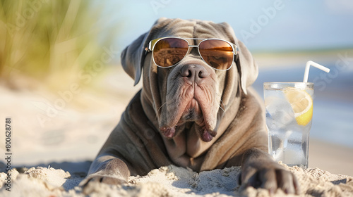Neapolitan Mastiff Dog Enjoying a Sunny Beach Day, Wearing Sunglasses and Laying on the Sand for Summer Vacations photo