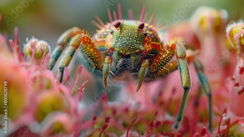 A detailed view of a spider on a colorful flower. Perfect for nature and wildlife themes