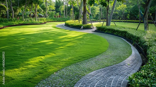 green curved landscape ground turf ground architecture grass landscaping design gardening landscape abstract Paved curve path walkway gardener paving landscaper paseo mow lawn lawn garden landscape