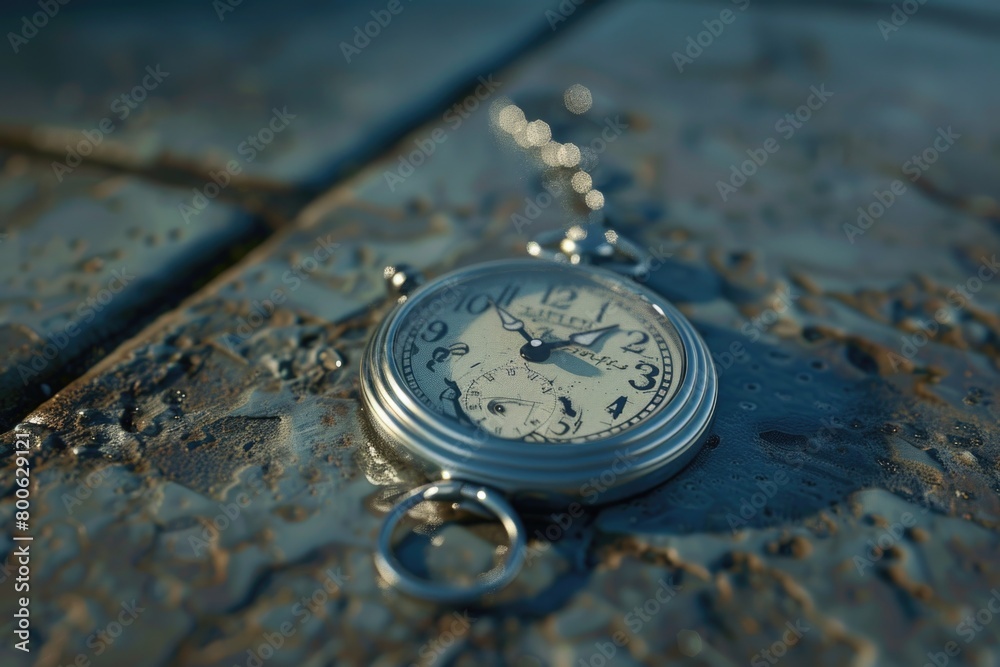 A silver pocket watch resting on a table. Perfect for time-related concepts A silver pocket watch resting on a table. Perfect for time-related concepts