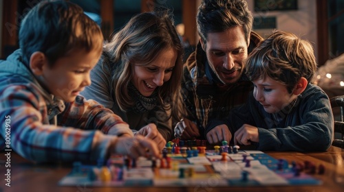 A playful family game night with board games and friendly competition, encouraging teamwork and laughter on International Day of Families. photo
