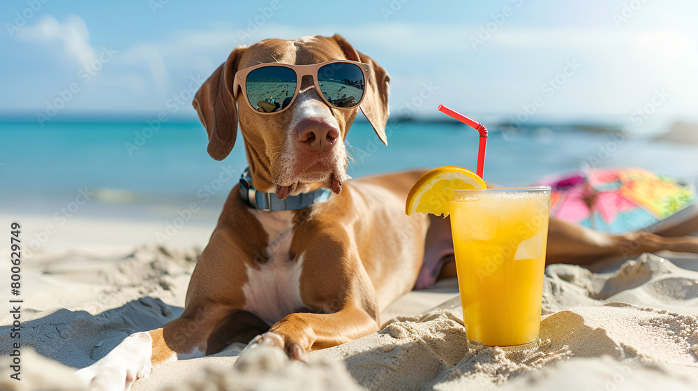 Pointer Dog on a Summertime Retreat, Laying on the Beach Sand Wearing Sunglasses