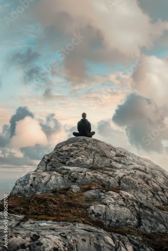 A person sitting on top of a large rock. Suitable for outdoor and nature themes