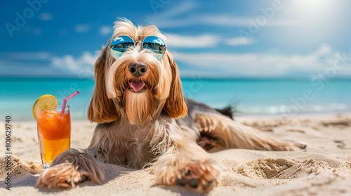 Petit Basset Griffon Vendéen Dog Laying on the Beach Sand, Wearing Sunglasses and Enjoying the Summer Sunshine
