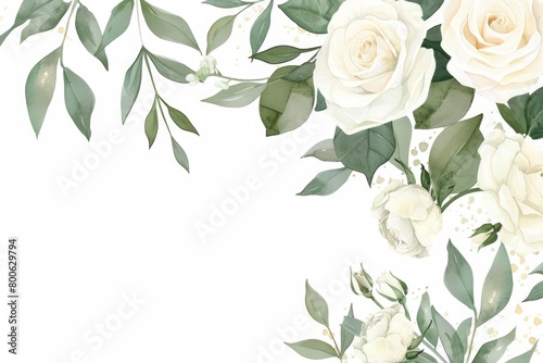 Beautiful white roses and green leaves on a clean white background. Perfect for wedding invitations or floral designs