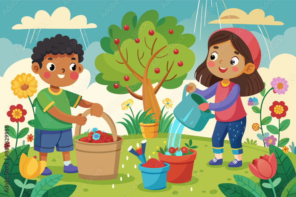 Visualize kids collecting rainwater in buckets and pots, using it to water the thirsty plants and flowers in the garden Visualize kids collecting rainwater in buckets and pots, using it to water the thirsty plants and flowers in the garden